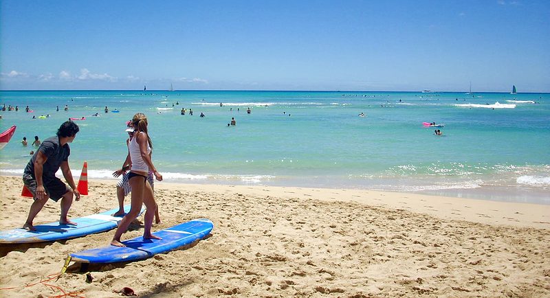 Two people taking surfing lessons at Waikiki