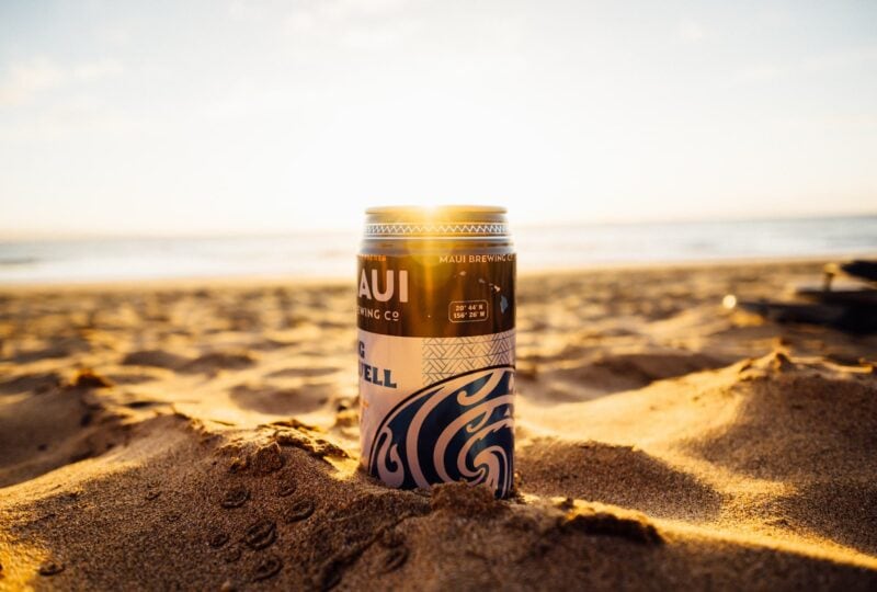 A can of the Maui Brewing "Big Swell IPA" on the beach