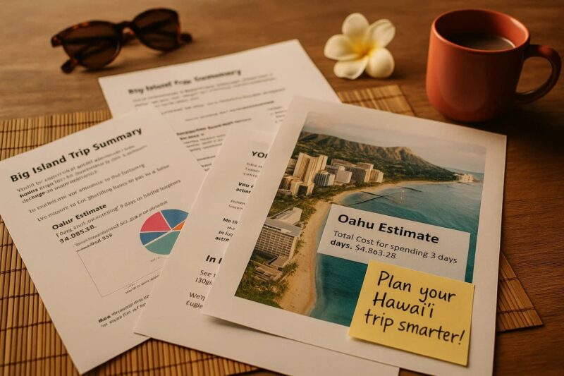 Template showing a personalized Hawaiʻi Trip Cost Estimate with real screenshots from the calculator, highlighting travel budget breakdown and trip details.