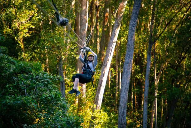 Guest riding a zipline through the forest canopy in North Kohala